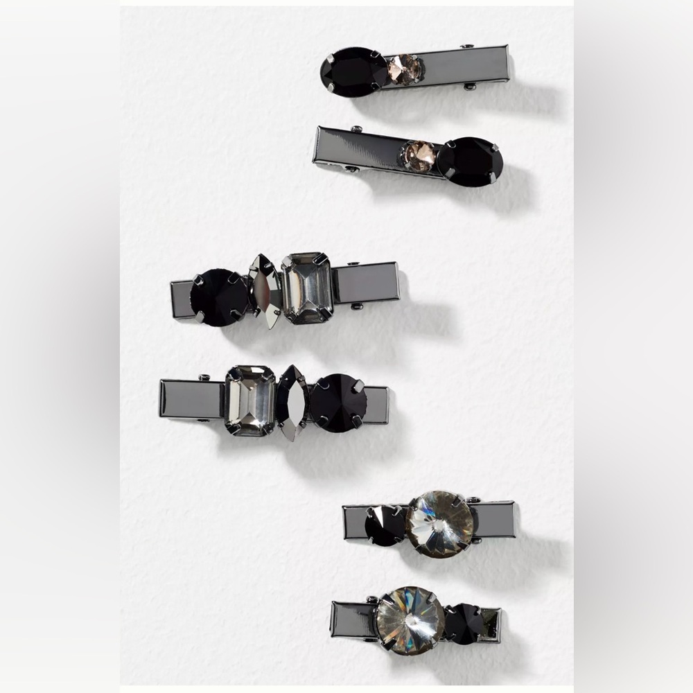 Anthropologie Gemstone Barrettes in Black/Clear Gray Set of 6 NWT